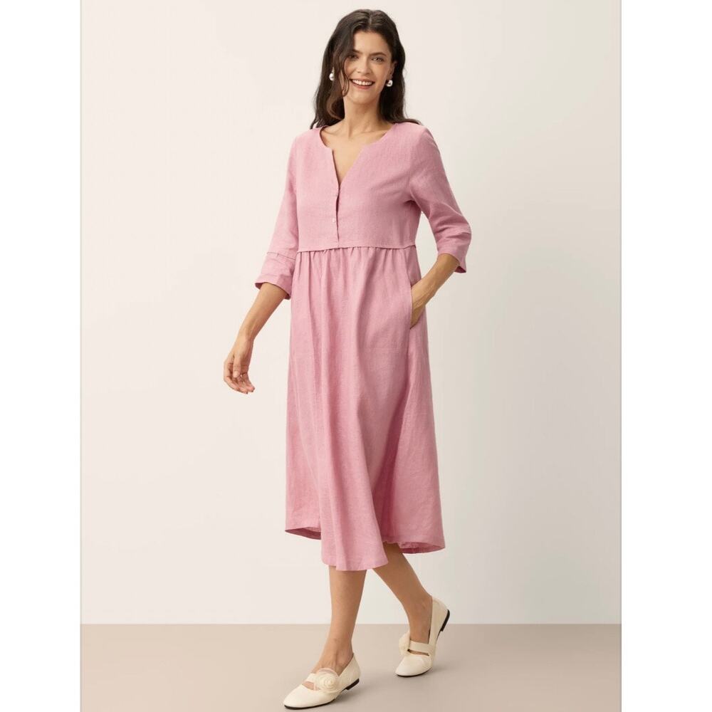 LINTICO 100% Linen Loose Fit Button Waist Gathered Luna Midi NWT Dress, Small